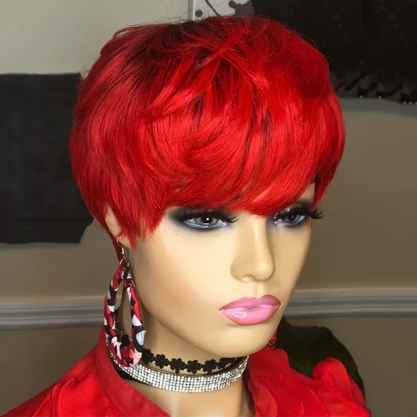 Perruque cheveux naturels courts lisses coupe pixie rouge Katia