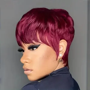 Perruque cheveux naturels courts lisses coupe pixie rouge bordeaux - Anastasia